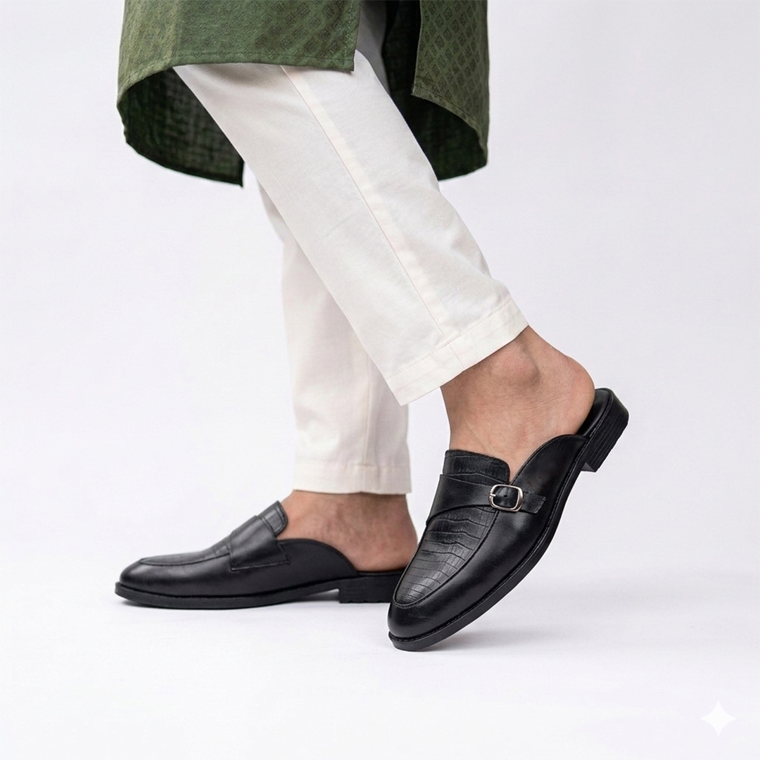 Premium Black Leather Mule Loafer for Men
